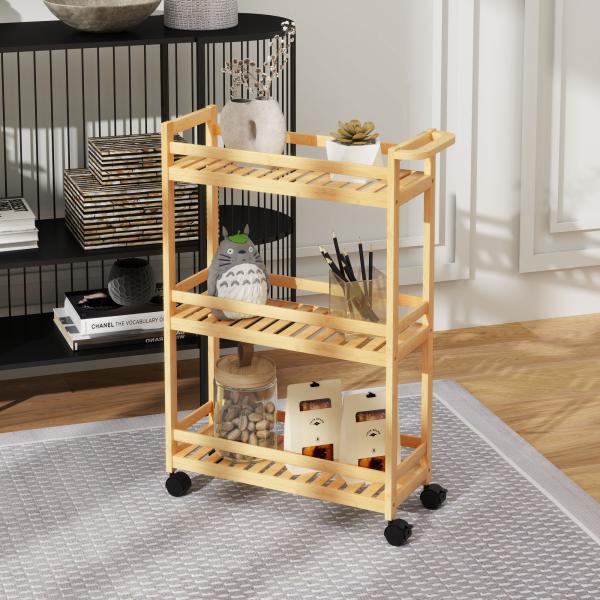 Carrinho de Cozinha Estreito de 3 Níveis com Rodas e Pega para Sala, Casa de Banho, Espaços Pequenos 55x20x75 cm Natural
