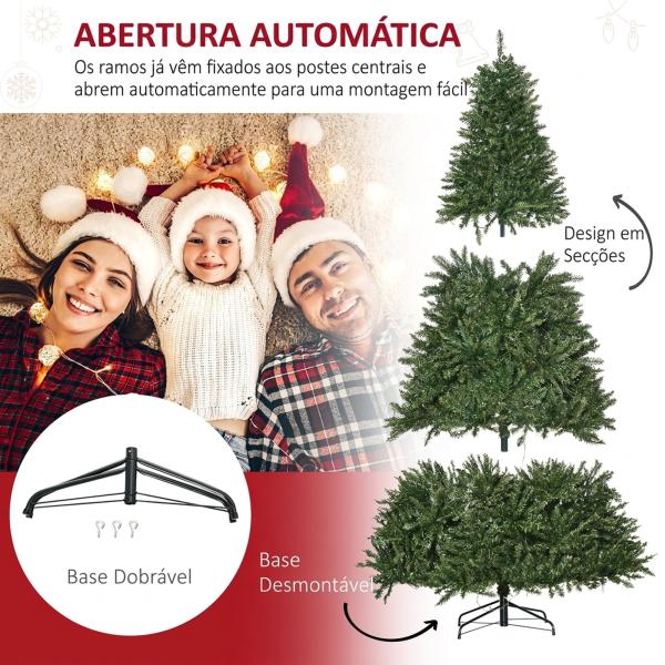 Árvore de Natal Artificial 210 cm com 700 LED Branco Quente, 2154 Pontas e Base Metálica Dobrável - Verde