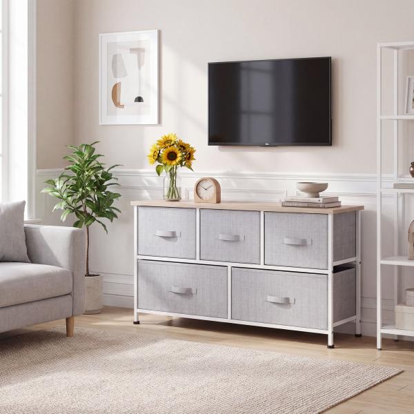 Cómoda com 5 Gavetas de Tecido Cómoda para Quarto Estrutura Metálica 100x30x54 cm Cinzento