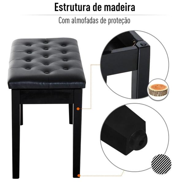Banco de Piano Banco para Piano com Espaço de Armazenamento Assento de Couro Sintético Acolchoado76x36x50cm Preto