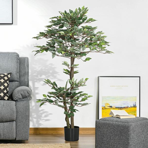 Planta Artificial Ficus 150 cm Planta Artificial com 1008 Folhas Musgo e Vaso para Exterior Casa Sala de Estar Escritório Verde