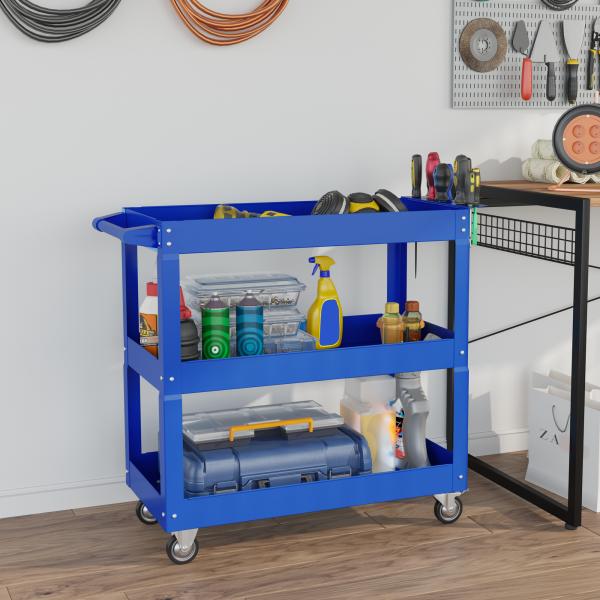 Carrinho de Ferramentas com Rodas 3 Prateleiras de Armazenamento e Alça Lateral 83x35,3x76 cm Azul