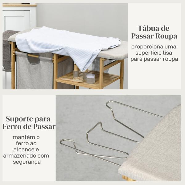 Cesto de Roupa Suja 57,4L com Tábua de Passar Suporte para Ferro 3 Prateleiras e Bolsa Removível 113x34x82 cm Madeira e Cinza