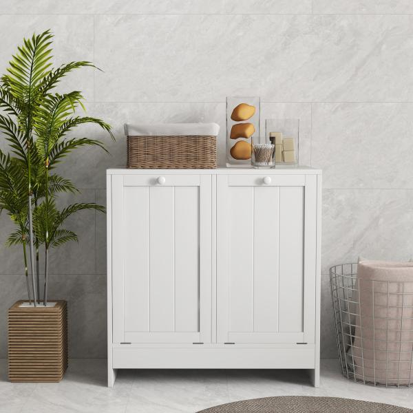 Armário de Casa de Banho com Cestos de Roupa Suja Móvel Roupa Suja com 2 Compartimentos 66x33x68 cm Branco