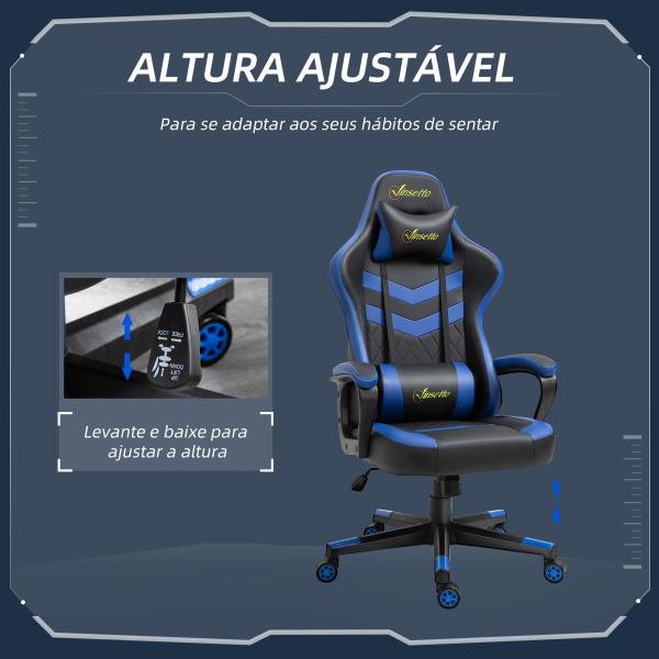 Cadeira Gaming Cadeira de Escritório Ergonómica com Altura Regulável Basculante Apoio de Cabeça 61x70x121 - 129 cm Azul