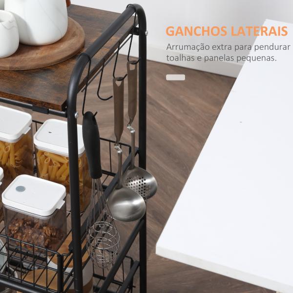 Carrinho de Cozinha com Rodas Carrinho Auxiliar de 3 Níveis com 2 Cestas e 4 Ganchos 60x38x85,5 cm Castanho Rústico