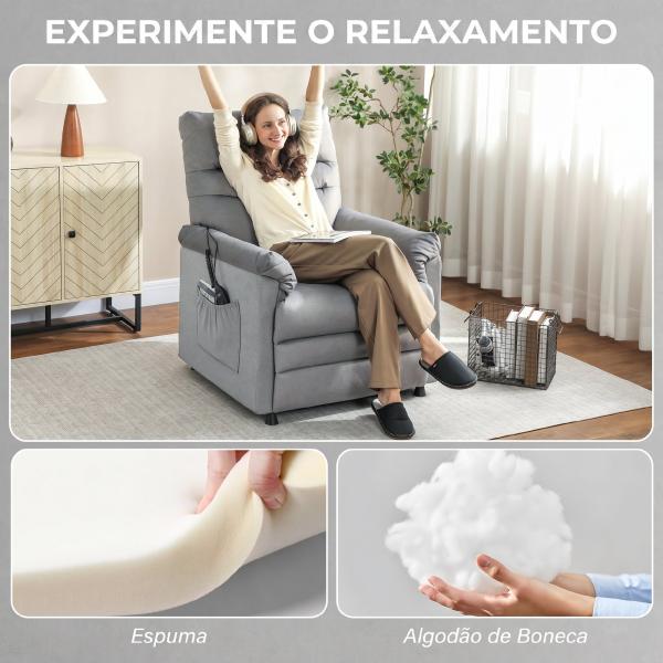 Poltrona Relax com Aquecimento Lombar e Massagem por Vibração Reclinável Função de Memória 82x99x106 cm Cinzento