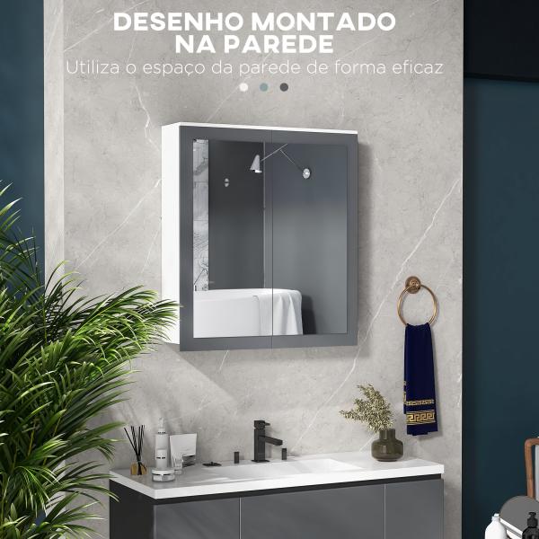 Armário de Casa de Banho com Espelho 2 Portas e Prateleiras Ajustáveis 69x17x75,5 cm Branco e Cinza