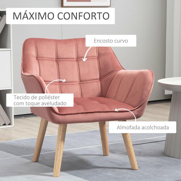 Poltrona Moderna Poltrona de Leitura Estofada em Veludo com Assento Amplo Pés em Madeira 67x61,5x71 cm Rosa