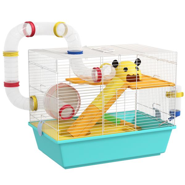 Gaiola para Hamsters com Túnel Plataformas Comedouro Bebedouro Casinha Rampas e Roda de Exercício 45x28x37 cm Azul Claro