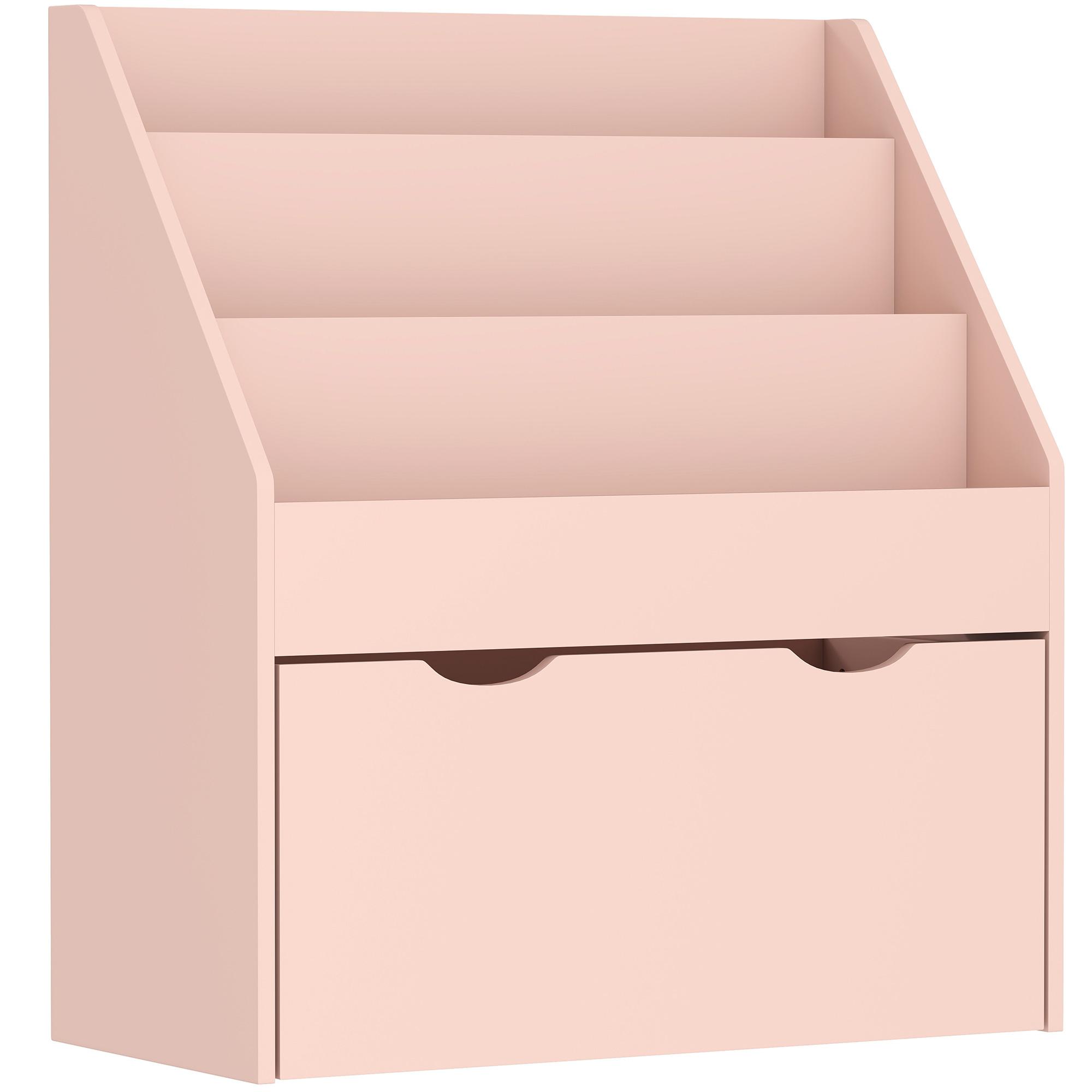 Estante para Livros Infantil de 4 Níveis com 3 Prateleiras e 1 Gaveta com Rodas 62,5x30x70 cm Rosa