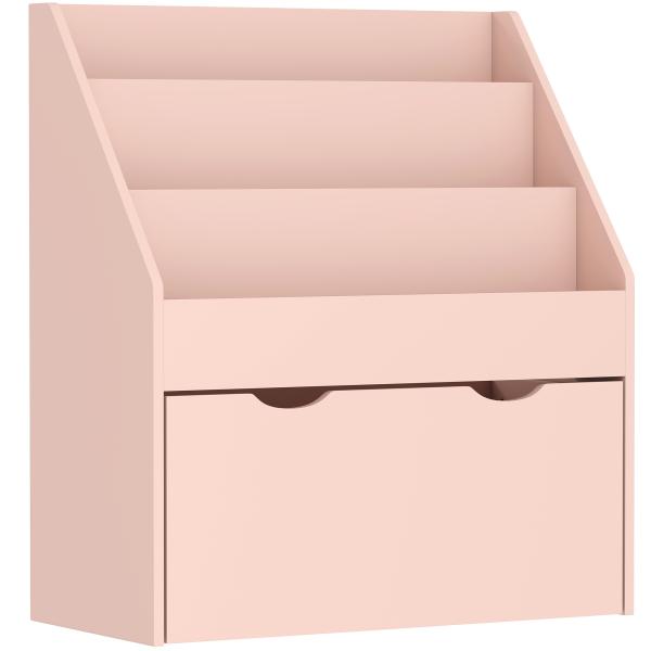 Estante para Livros Infantil de 4 Níveis com 3 Prateleiras e 1 Gaveta com Rodas 62,5x30x70 cm Rosa