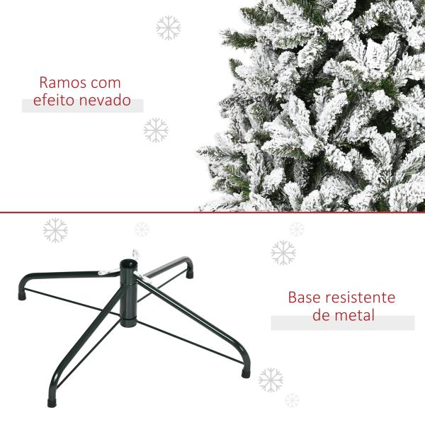 Árvore de Natal Artificial 225 cm com Neve Ignífugo com 1300 Ramos Folhas de PVC Base Dobrável Verde