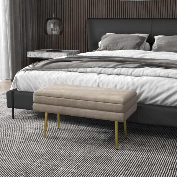 Banco Pé de Cama 30L Banco com Armazenamento para Dormitório Estofado em Veludo 79,5x37,5x43 cm Bege
