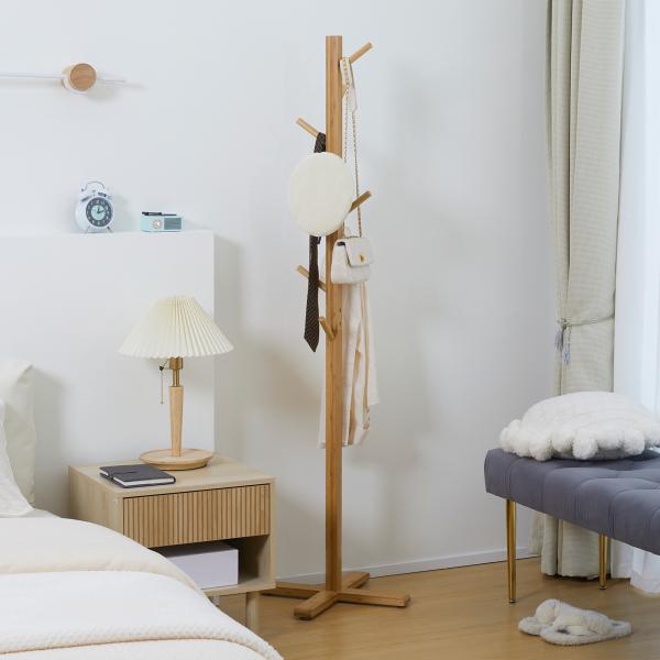 Cabide de Pé em Bambu com 8 Ganchos para Pendurar Bolsas e Chapéus no Corredor Entrada Quarto 49,5x49,5x178 cm Madeira