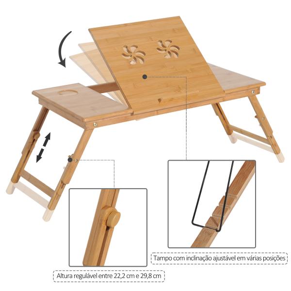 Mesa de Computador Portátil de Bambu Dobrável Reclinável e Altura Ajustável Mesa Auxiliar com1 Gaveta 72x35x22 - 30 cm Madeira