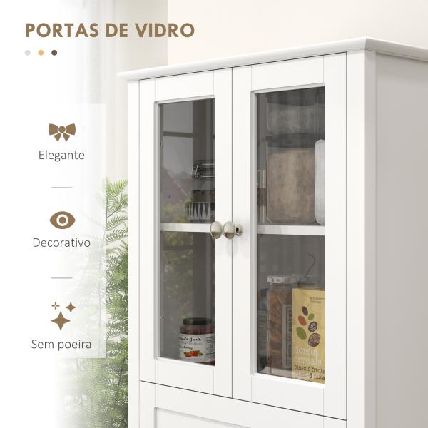Armário de Cozinha Móvel Auxiliar de Cozinha com 2 Portas de Vidro Gaveta e Prateleiras Ajustáveis 61x35x168,5 cm Branco