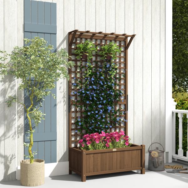 Floreira com Treliça de Madeira Caixa de Plantio com Suporte para Plantas Trepadeiras 90x45x183cm Marrom Escuro