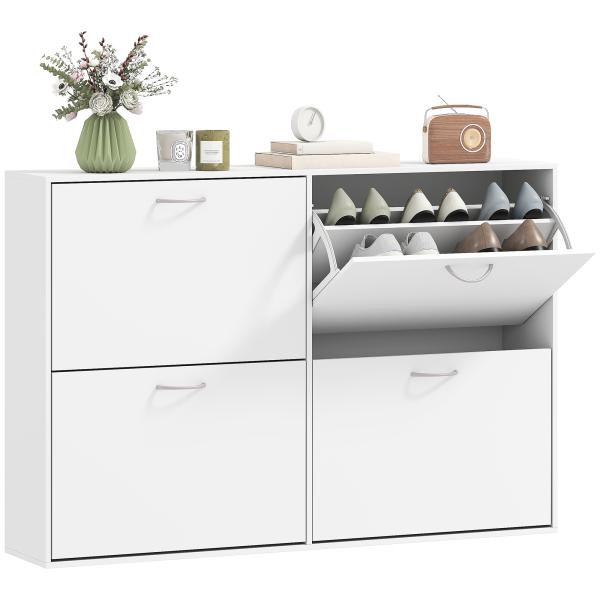Sapateira Moderna com 4 Gavetas Abatíveis e Prateleiras Ajustáveis para 16 - 24 Pares de Sapatos 120x24x81 cm Branco