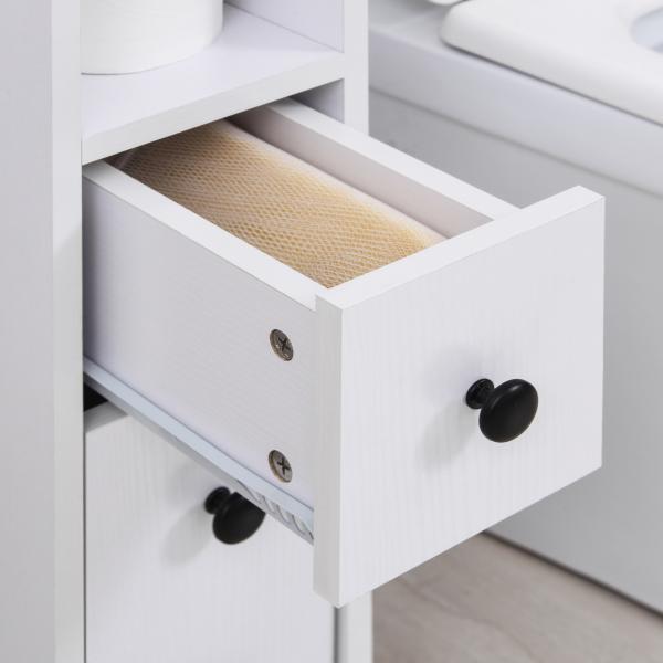 Armário de Casa de Banho Móvel Auxiliar para Espaço Reduzido com Rodas Prateleiras Abertas Armário e Gaveta 18x30x68,5cm Branco