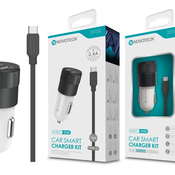 Kit Carregador Automóvel 2.4A 2 USB Negro com Cabo Type - C Q - 001T