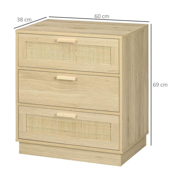 Cómoda com 3 Gavetas de Vime Cómoda de Madeira para Dormitório Sala de Estar Estilo Boêmio 60x38x69 cm Madeira