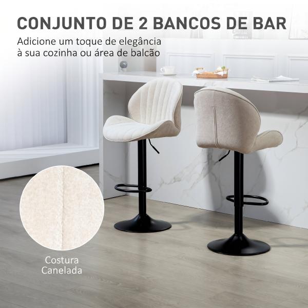 Conjunto de 2 Bancos de Bar Giratórios com Altura Ajustável 62 - 83 cm, Revestidos em Chenille, com Encosto e Apoio para os Pés, Bege