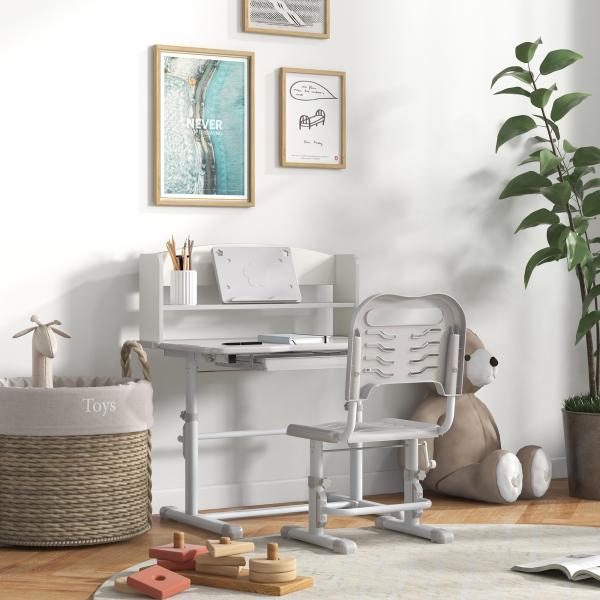 Conjunto de Secretária e Cadeira para Crianças com Altura Ajustável e Ângulo da Mesa Ajustável 80x54,5x82 - 104 cm Cinza e Branco