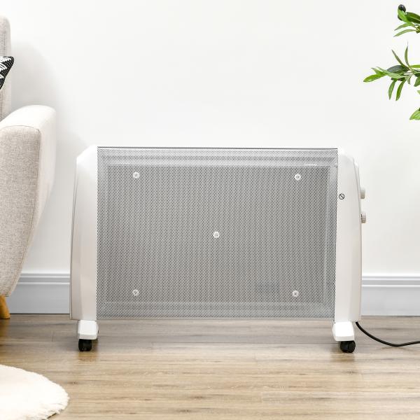 Aquecedor Elétrico 1000W/2000W Aquecedor de Mica com 2 Níveis de Potência e Termostato Regulável 79x27x54 cm Branco