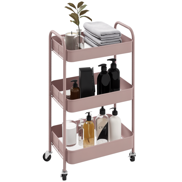 Carrinho Auxiliar de 3 Níveis com Rodas Carrinho de Armazenamento Deslizante para Cozinha Sala 45x30.6x79 cm Rosa