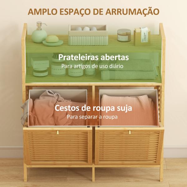 Móvel de Casa de Banho com Cesto para Roupa Suja Móvel para Roupa Suja em Bambu 2 Sacos de Roupa 82x33x88 cm Madeira