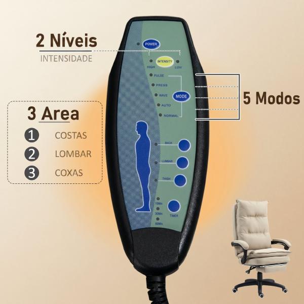 Cadeira de Secretária com Massagem, Altura Regulável, Encosto Reclinável, Apoio para os Pés, Giratória 360°, Bege