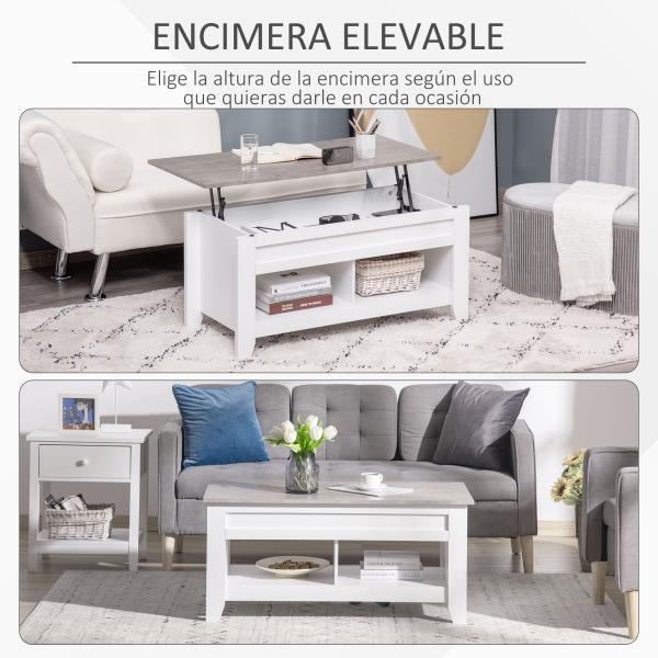 Mesa de Centro com Bancada Elevável Mesa de Centro com 2 Compartimentos Abertos Bancada de Imitação a Mármore Mesa Retangular para Sala de Estar 105x50x49cm Branco