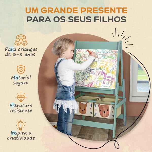 Cavalete para Crianças 3 em 1 Cavalete de Arte com Rolo de Papel Quadro e 2 Cestas de Armazenamento 54x46,5x93 cm Verde