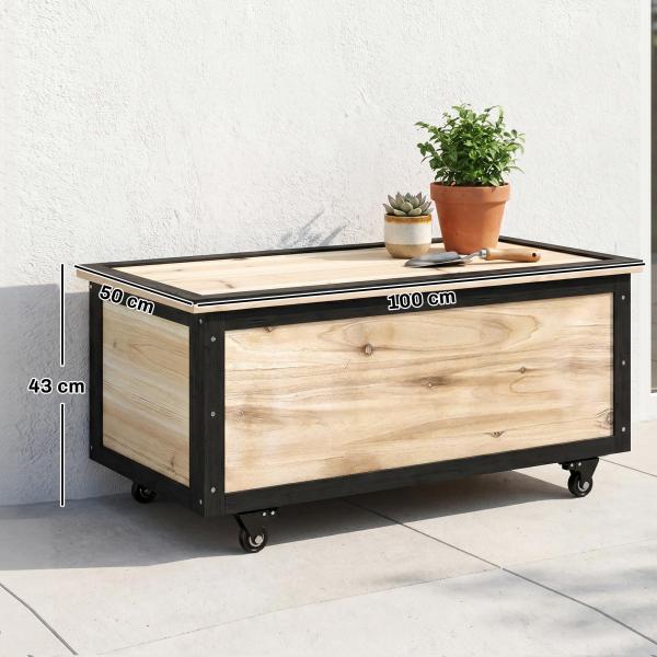 Baú de Exterior 121 L Baú de Armazenamento em Madeira com 4 Rodas para Jardim Pátio Varanda 100x50x43 cm Natural e Preto