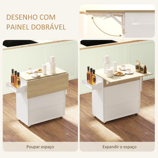 Ilha de Cozinha com Rodas com Lateral Dobrável Gaveta Suporte para Temperos e Prateleira Ajustável 106x42x87 cm Branco e Carvalho