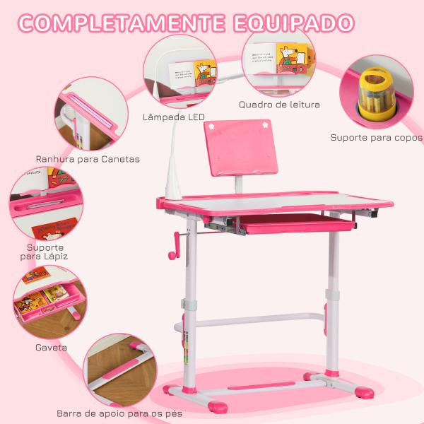 Conjunto de Secretária e Cadeira para Crianças com Altura Ajustável Mesa Inclinável Lâmpada LED 80x49,5x80 - 105cm e 36x34x60 - 73cm Rosa