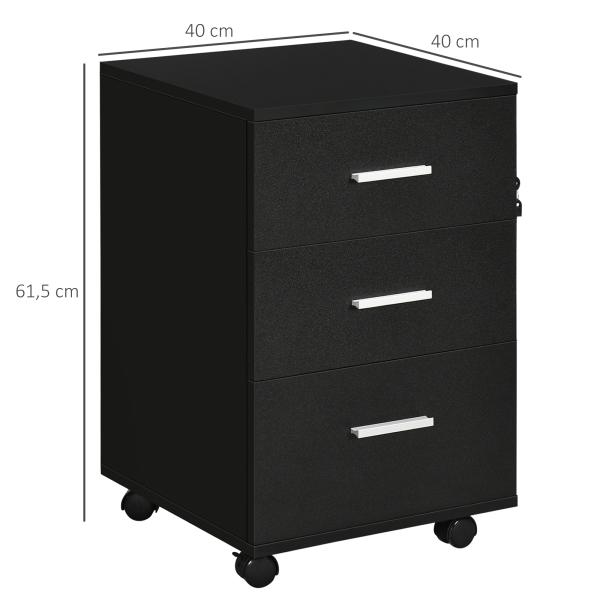 Bloco de Gavetas para Escritório Móvel de Arquivos com 3 Gavetas e Fechadura para Secretária Casa 40x40x61,5 cm Preto