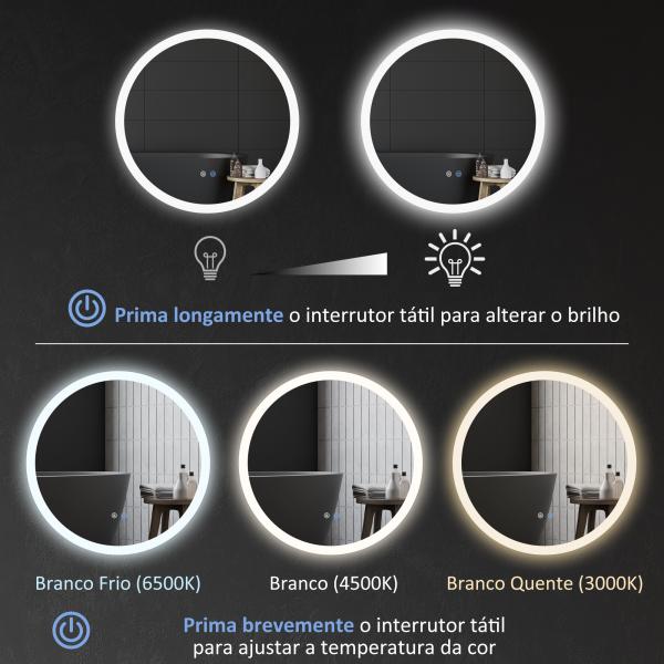 Espelho Casa de Banho Redondo com Luzes LED 70x70 cm Função Antiembaciamento 3 Luzes Função de Memória e Interruptor Tátil Prata