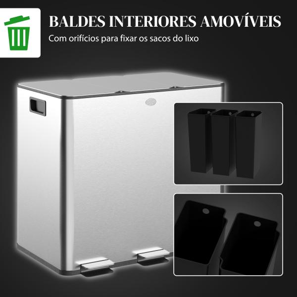 Balde de Lixo de Cozinha com 3 Compartimentos 3x15L com Pedais Tampas com Fechamento Suave e Cubo Amovível Prata