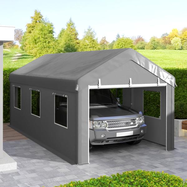 Tenda Garagem 295x600x278 cm Tenda de Exterior Resistente com 2 Portas Enroláveis e 6 Janelas Cinzento