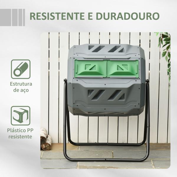 Compostor de Tambor Giratório com Capacidade 160L de Dupla Câmara e Ventilação para Resíduos Orgânicos 71x65x96 cm Cinza e Verde