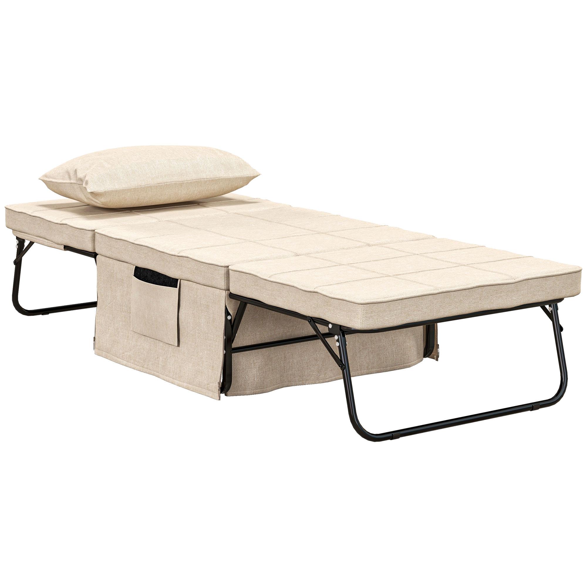 Sofá Cama 4 em 1 Estofado em Linho com Encosto Ajustável em 5 Níveis e Almofada Acolchoada 75x80x74 cm Creme