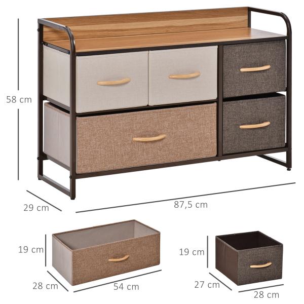 Cómoda com 5 Gavetas de Tecido Amovíveis e Dobráveis Base Elevada Armário de Armazenamento 87,5x29x58cm Multicor