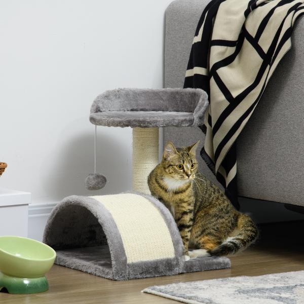 Arranhador para Gatos de 2 Níveis com Poste e Tapete de Arranhar Cama e Bola Suspensa 35,5x37x46 cm Cinza
