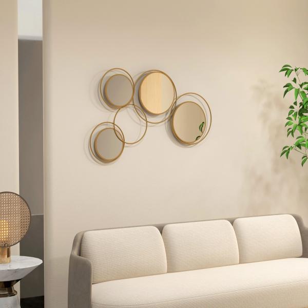 Espelho Decorativo de Parede em Metal 3D Decoração de Parede Metálica com 4 Espelhos Redondos para Corredor 110x68 cm Dourado