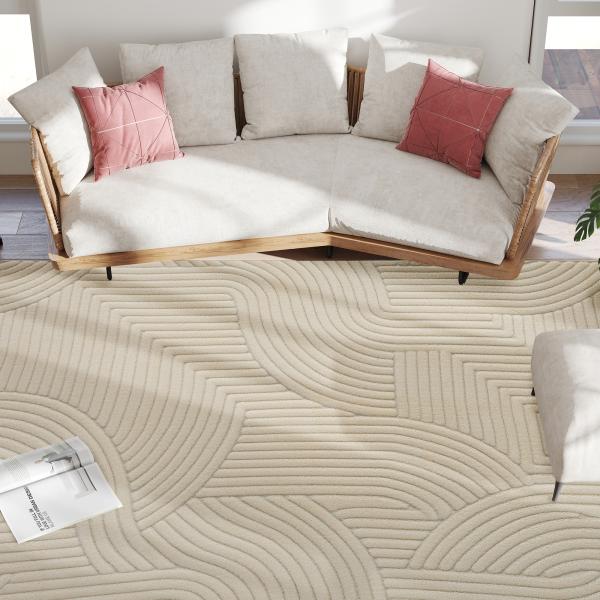 Tapete Sala de Estar 160x120 cm Tapete Pelo Curto Estilo Moderno Base Antiderrapante Tecida à Máquina Creme