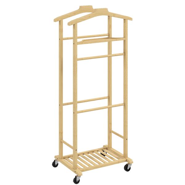 Cabide de Pé de Bambu Cabide com Rodas Suportes para Roupas Barras para Calças Bandeja e Sapateira 47x33,7x105,5 cm Madeira