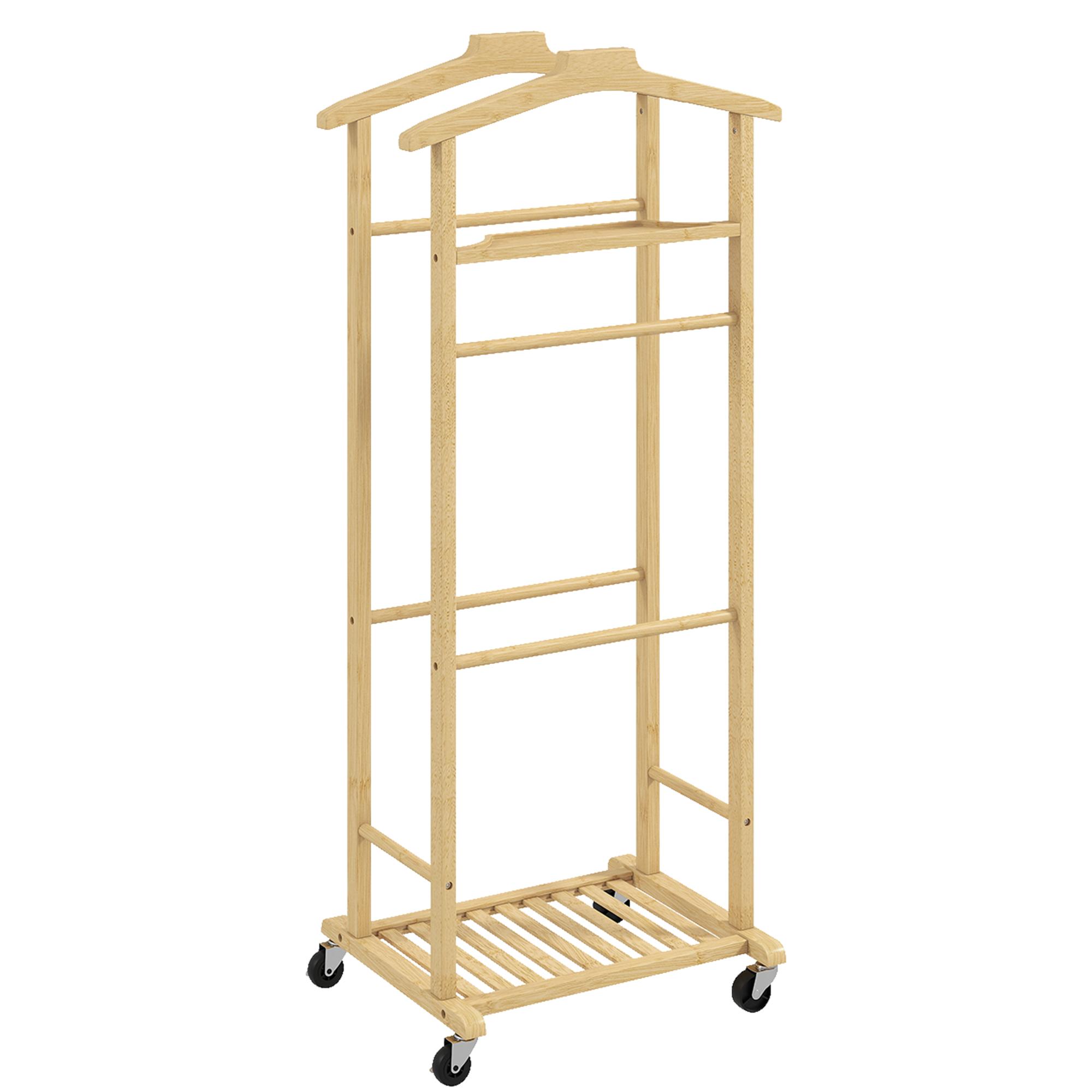 Cabide de Pé de Bambu Cabide com Rodas Suportes para Roupas Barras para Calças Bandeja e Sapateira 47x33,7x105,5 cm Madeira