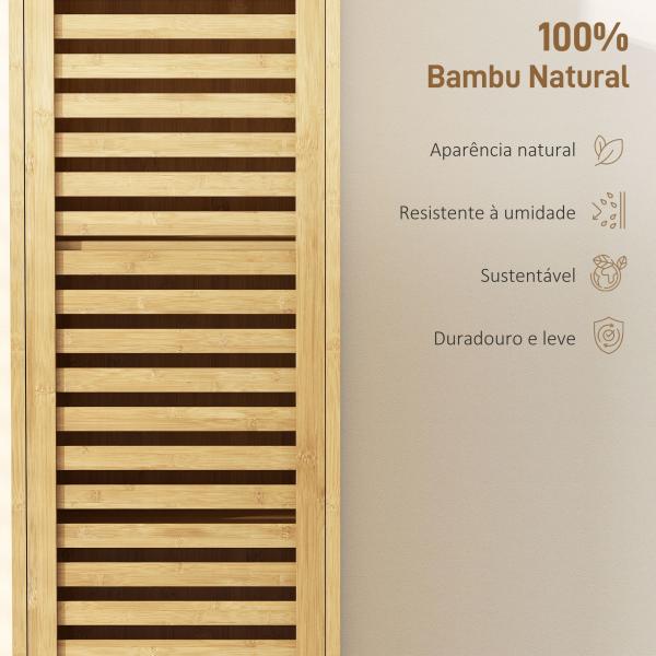 Coluna Casa de Banho de Bambu com 3 Prateleiras Abertas Portas de Ripas Prateleiras Ajustáveis 34x30x170 cm Madeira